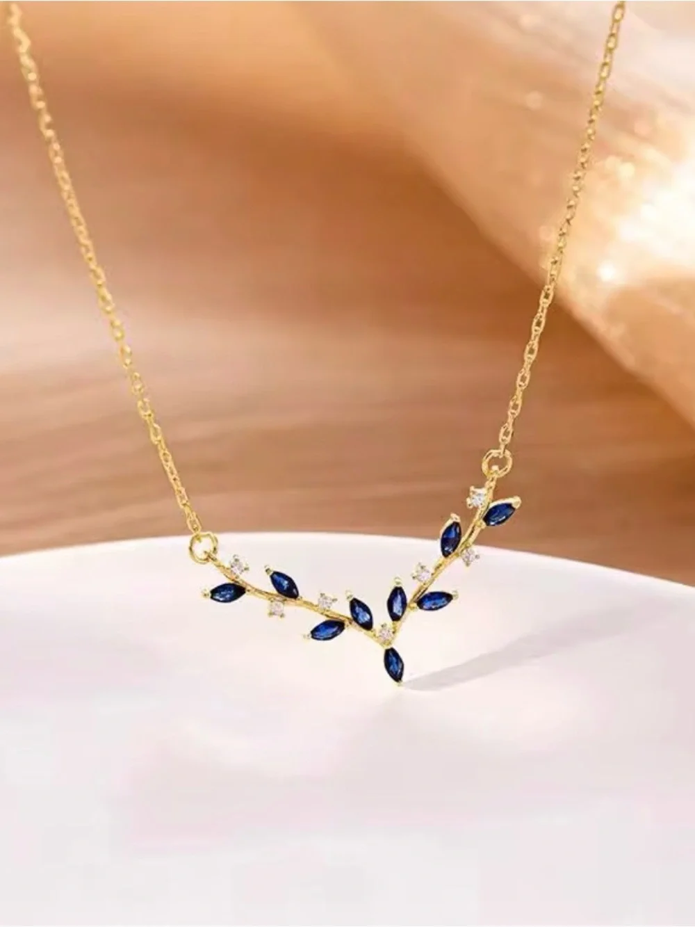 New Deer Antler Pendant  Necklace for Women Gold Plated  Deep Sea Blue Zirconia